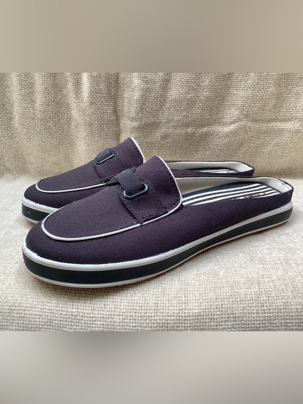 Cabin Creek Navy Blue White Nautical Slides Mules Shoes-JC Penney-7.5 M-NWT